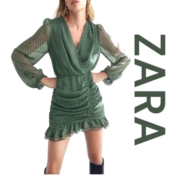 ZARA Draped Mini Dress w/Metallic in Deep Hunter Green, Size L. - Picture 1 of 13